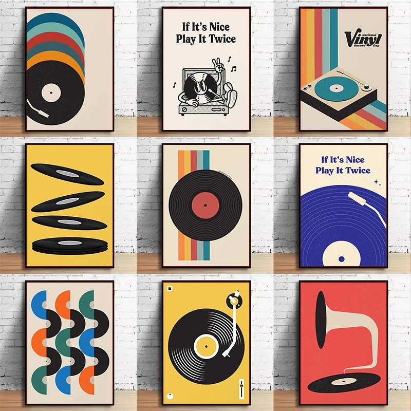 Audio Music Live - Mid-Century Vinyl-Schallplatten-Leinwand-Wandkunstdruck, ungerahmtes minimalistisches Musik-Pastell-Poster für