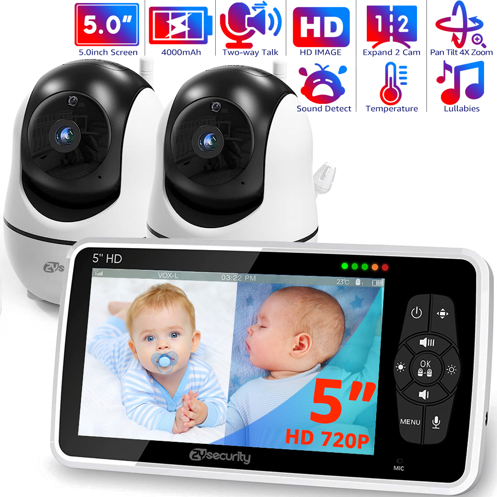 Audio Detect Music - 5-Zoll-Video-Babyphone mit 2 Kameras, Schwenk-/Neigefunktion, 4-fach-Zoom,