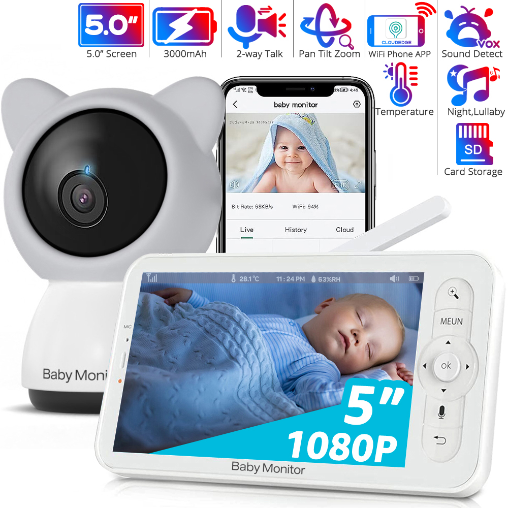 Audio Detect Music - WiFi-Babyphone mit APP, 5-Zoll-720P-Display, 1080p-Kamera, HD-Nachtsicht,